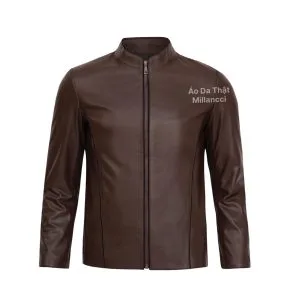 Áo Da Nam Chéo Vạt Cổ Trụ Nâu Cam - DC130AA