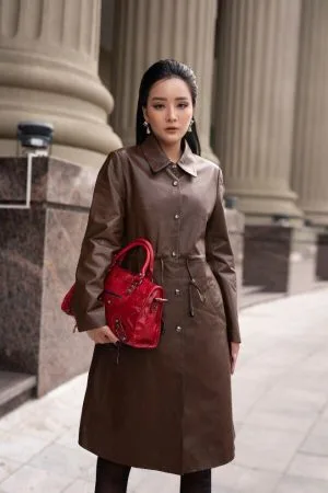 Áo Da Măng Tô Cổ Bẻ Đức Bản Dây Rút - Nâu DC068AB