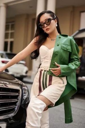 Áo Da Nữ Cổ Bẻ Xanh Sáng Cài Cúc - DC199AB