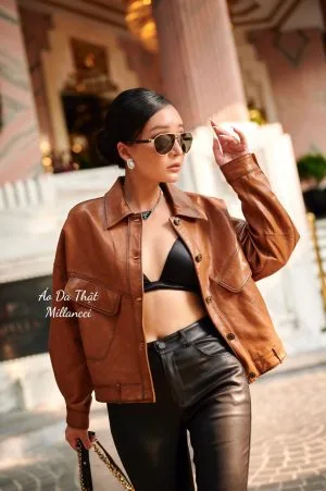 Áo Da Nữ Mộc Cổ Bẻ Khuy Đồng Cao Cấp - ( Vàng bò ) DC134AB