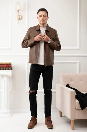 ÁO Da Nam Cổ Bẻ Túi Hộp Cao Cấp - Nâu DC251CC