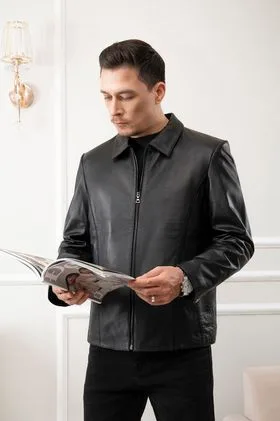 Áo Da Nam Chéo Vạt Cổ Bẻ Đức Millan - Đen DC02AA