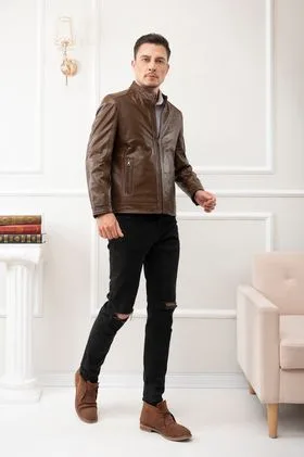 Áo Da Bò Nam Cổ Trụ Chấm Cổ - Nâu DB014AA