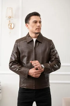 Áo Da Nam Cổ Bẻ Khóa Kim Xuông Nâu - DC023AA