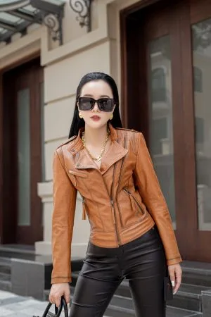 Áo Da Nữ Mộc Cổ Cúc Cài Cầu Vai - Nâu DC121AB