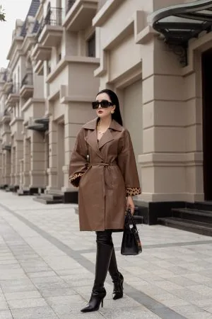 Áo Da Măng Tô Phối Tay Da Báo - Nâu DC022CC